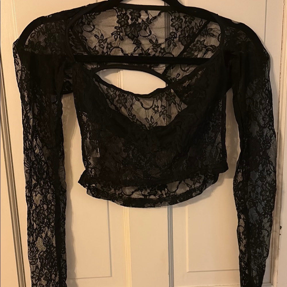 Black Lace Long Sleeve Crop Top